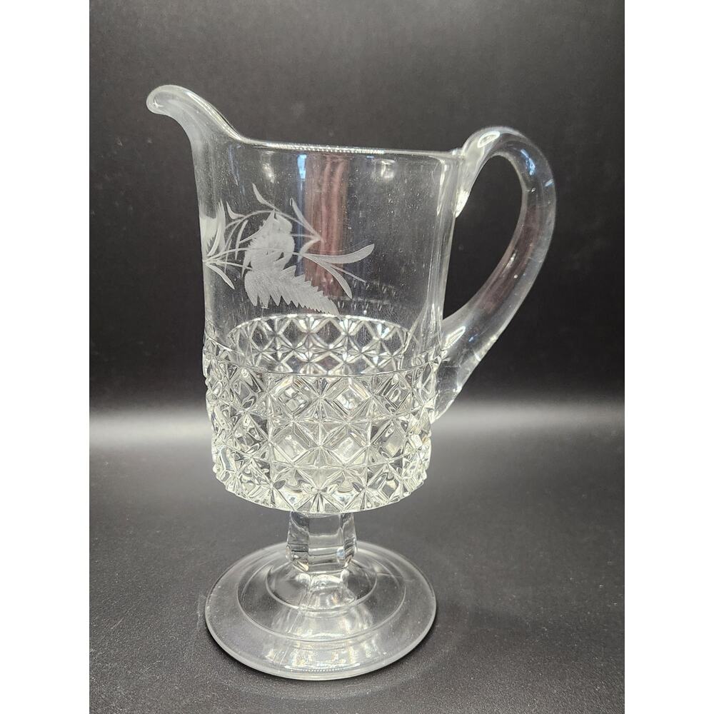 Indiana Glass Diamond Point Pattern Clear Glass Pedestal Creamer w Floral Etch